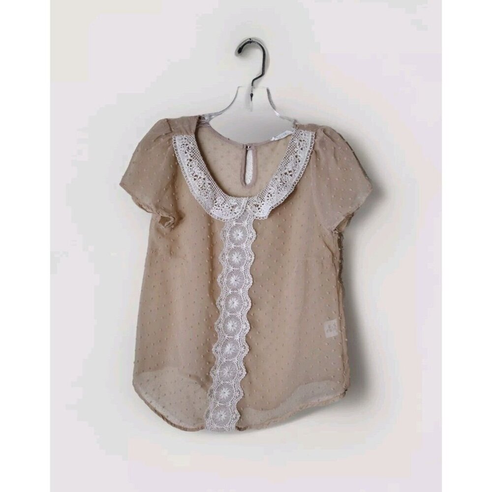 Lush Top Small Crochet Popcorn Sheer Short Sleeve Keyhole Back Peasant Librarian